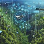 Generate a high-definition image encapsulating the concept of technology preserving rainforests. Display an array of technological devices such as drones, sensors, and satellite imagery being utilized in dense, vibrant rainforests brimming with biodiversity. Perhaps there could be a drone capturing footage of the vast expanse of greenery, sensors attached to trees gathering data, and a portion of the sky revealing satellite imagery of the forest. The jungles should be filled with various fauna and flora, alive with the sounds and sights of thriving nature.