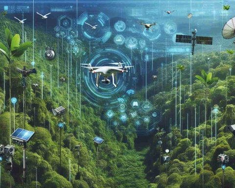 Generate a high-definition image encapsulating the concept of technology preserving rainforests. Display an array of technological devices such as drones, sensors, and satellite imagery being utilized in dense, vibrant rainforests brimming with biodiversity. Perhaps there could be a drone capturing footage of the vast expanse of greenery, sensors attached to trees gathering data, and a portion of the sky revealing satellite imagery of the forest. The jungles should be filled with various fauna and flora, alive with the sounds and sights of thriving nature.