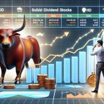 A detailed scene representing the concept of investing in solid dividend stocks for long-term gains. The image should realistically show a strong bull, symbolising a bullish market, standing on a growth line chart. Near the bull, a person from South Asian descent and male gender is looking at the chart with satisfaction, showing the profits gained so far. In his hand, he holds symbols of multiple company shares, which convey the diversity of his financial portfolio. He looks focused and optimistic, anticipating a promising future. Furthermore, quality and details should be very high providing an HD resolution.