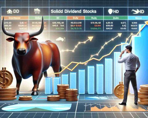 A detailed scene representing the concept of investing in solid dividend stocks for long-term gains. The image should realistically show a strong bull, symbolising a bullish market, standing on a growth line chart. Near the bull, a person from South Asian descent and male gender is looking at the chart with satisfaction, showing the profits gained so far. In his hand, he holds symbols of multiple company shares, which convey the diversity of his financial portfolio. He looks focused and optimistic, anticipating a promising future. Furthermore, quality and details should be very high providing an HD resolution.