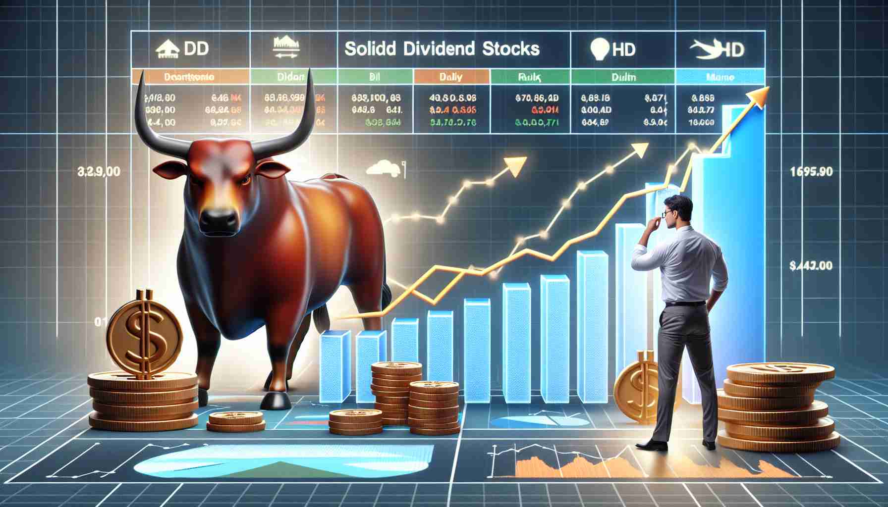 A detailed scene representing the concept of investing in solid dividend stocks for long-term gains. The image should realistically show a strong bull, symbolising a bullish market, standing on a growth line chart. Near the bull, a person from South Asian descent and male gender is looking at the chart with satisfaction, showing the profits gained so far. In his hand, he holds symbols of multiple company shares, which convey the diversity of his financial portfolio. He looks focused and optimistic, anticipating a promising future. Furthermore, quality and details should be very high providing an HD resolution.