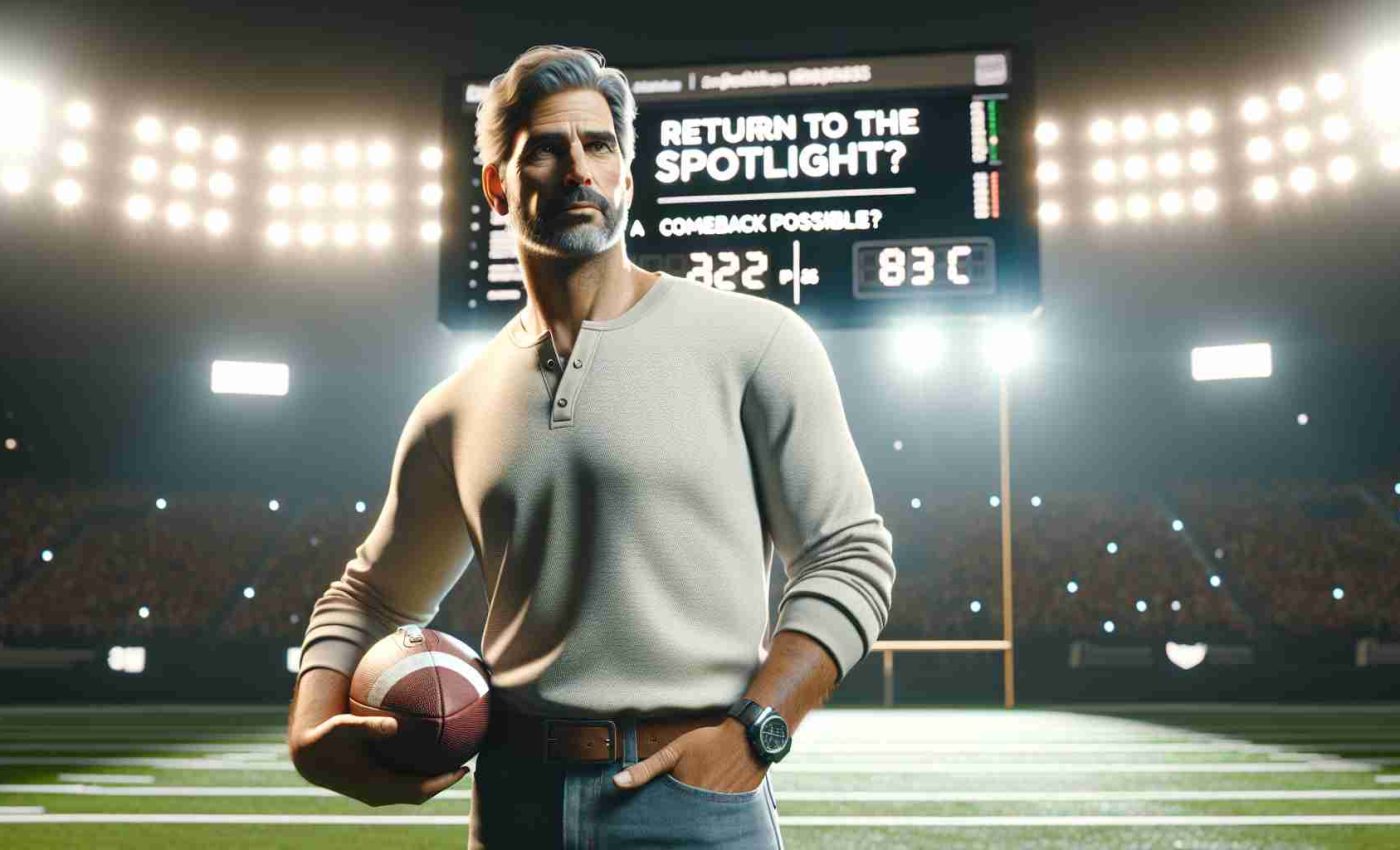 High-definition, realistic image of a middle-aged, Caucasian football coach standing in a well-lit stadium field. The coach is dressed in casual sporting gear, holding a football. A massive digital scoreboard in the background is displaying the words: 'Return to the Spotlight: Is a Comeback Possible?'