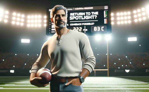 High-definition, realistic image of a middle-aged, Caucasian football coach standing in a well-lit stadium field. The coach is dressed in casual sporting gear, holding a football. A massive digital scoreboard in the background is displaying the words: 'Return to the Spotlight: Is a Comeback Possible?'