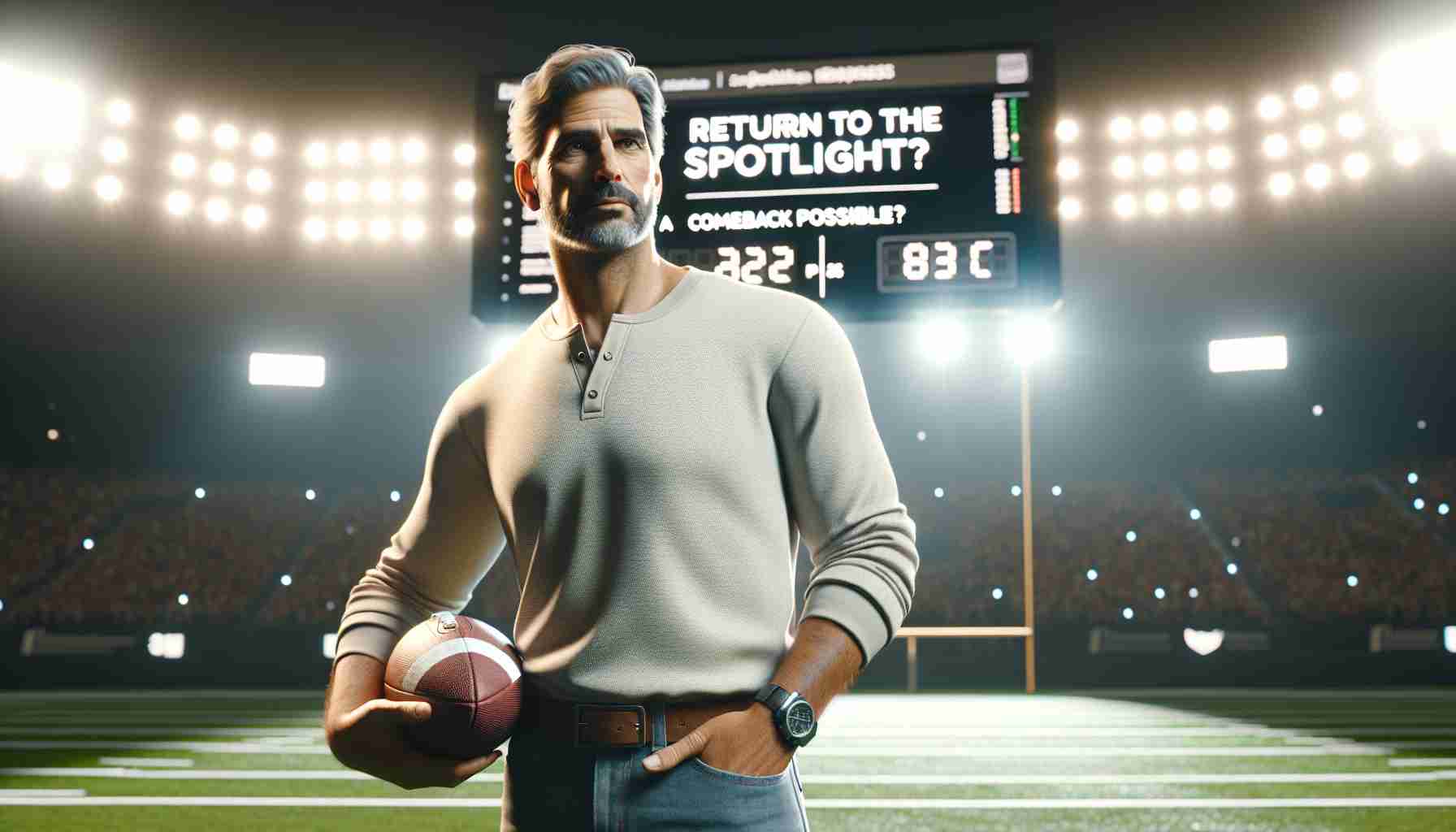 High-definition, realistic image of a middle-aged, Caucasian football coach standing in a well-lit stadium field. The coach is dressed in casual sporting gear, holding a football. A massive digital scoreboard in the background is displaying the words: 'Return to the Spotlight: Is a Comeback Possible?'