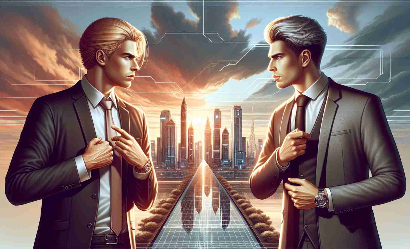 Detailed, high-definition illustration of a scenario where a high-ranking politician with blonde hair and an influential tech entrepreneur with grey hair are engaged in a strategic show of corporate and political power set in the year 2024. Both are impeccably dressed; one wears a traditional suit, while the other sports a more casual, modern ensemble. They are positioned against the backdrop of a futuristic cityscape at sunset, signifying the intersection of politics, business, and the ever-progressing march of time.