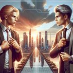 Detailed, high-definition illustration of a scenario where a high-ranking politician with blonde hair and an influential tech entrepreneur with grey hair are engaged in a strategic show of corporate and political power set in the year 2024. Both are impeccably dressed; one wears a traditional suit, while the other sports a more casual, modern ensemble. They are positioned against the backdrop of a futuristic cityscape at sunset, signifying the intersection of politics, business, and the ever-progressing march of time.