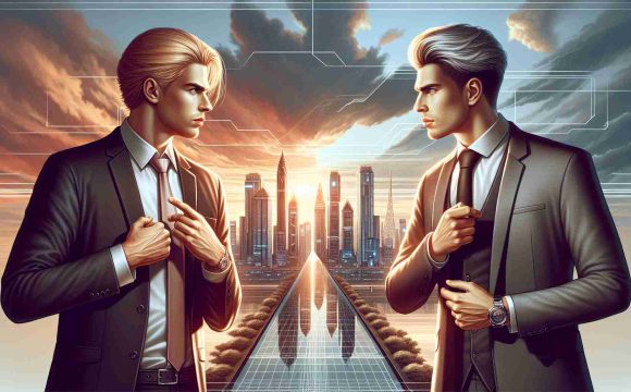 Detailed, high-definition illustration of a scenario where a high-ranking politician with blonde hair and an influential tech entrepreneur with grey hair are engaged in a strategic show of corporate and political power set in the year 2024. Both are impeccably dressed; one wears a traditional suit, while the other sports a more casual, modern ensemble. They are positioned against the backdrop of a futuristic cityscape at sunset, signifying the intersection of politics, business, and the ever-progressing march of time.