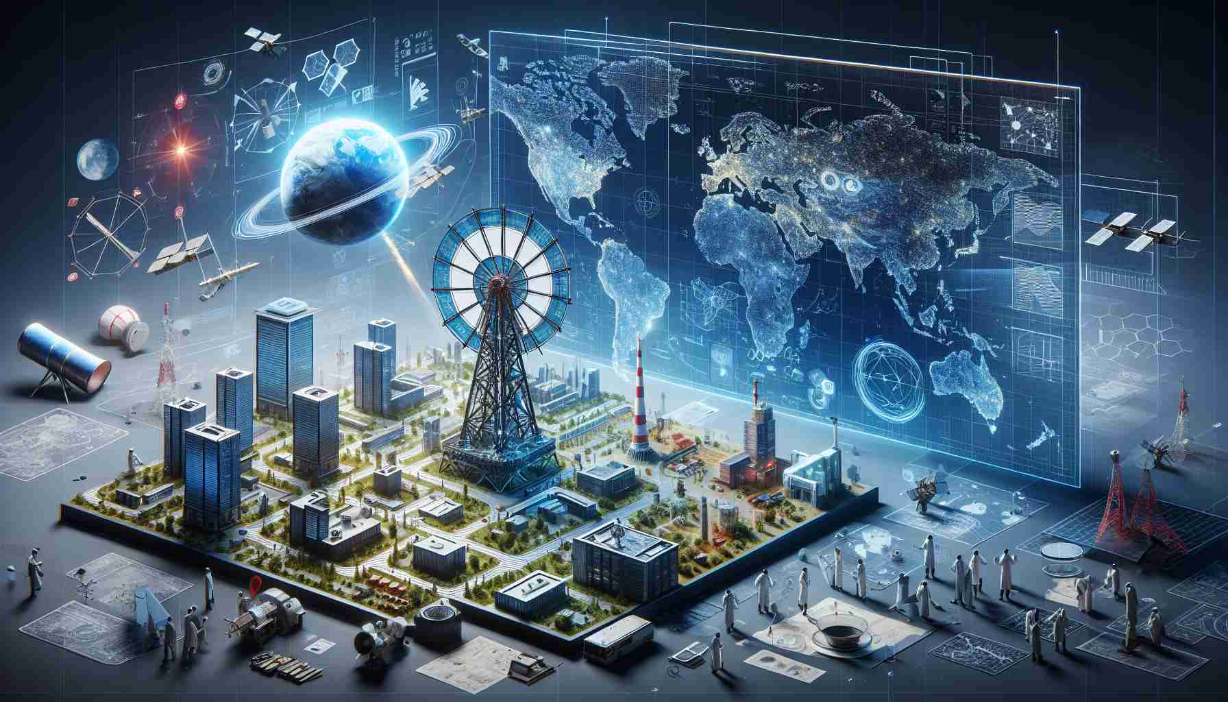 Create a high-definition, realistic representation of a conceptual scene illustrating China's ambitious plan for Beidou, changing the game for global navigation. Depict various technological components such as satellites, global map and navigation beams to represent the navigation system. Also include various depictions hinting at the progression and ambition involved, possibly through images of blueprints, scientists collaborating at a technological hub, and symbols of innovation and development.