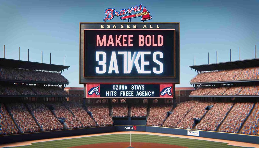 High definition, realistic image of a baseball scoreboard that reads 'Braves Make Bold Moves'. Below, the scoreboard displays 'Ozuna Stays', and another line that reads 'D'Arnaud Hits Free Agency'. The scoreboard is located in a classic baseball stadium filled with enthusiastic crowd, under a clear blue sky.