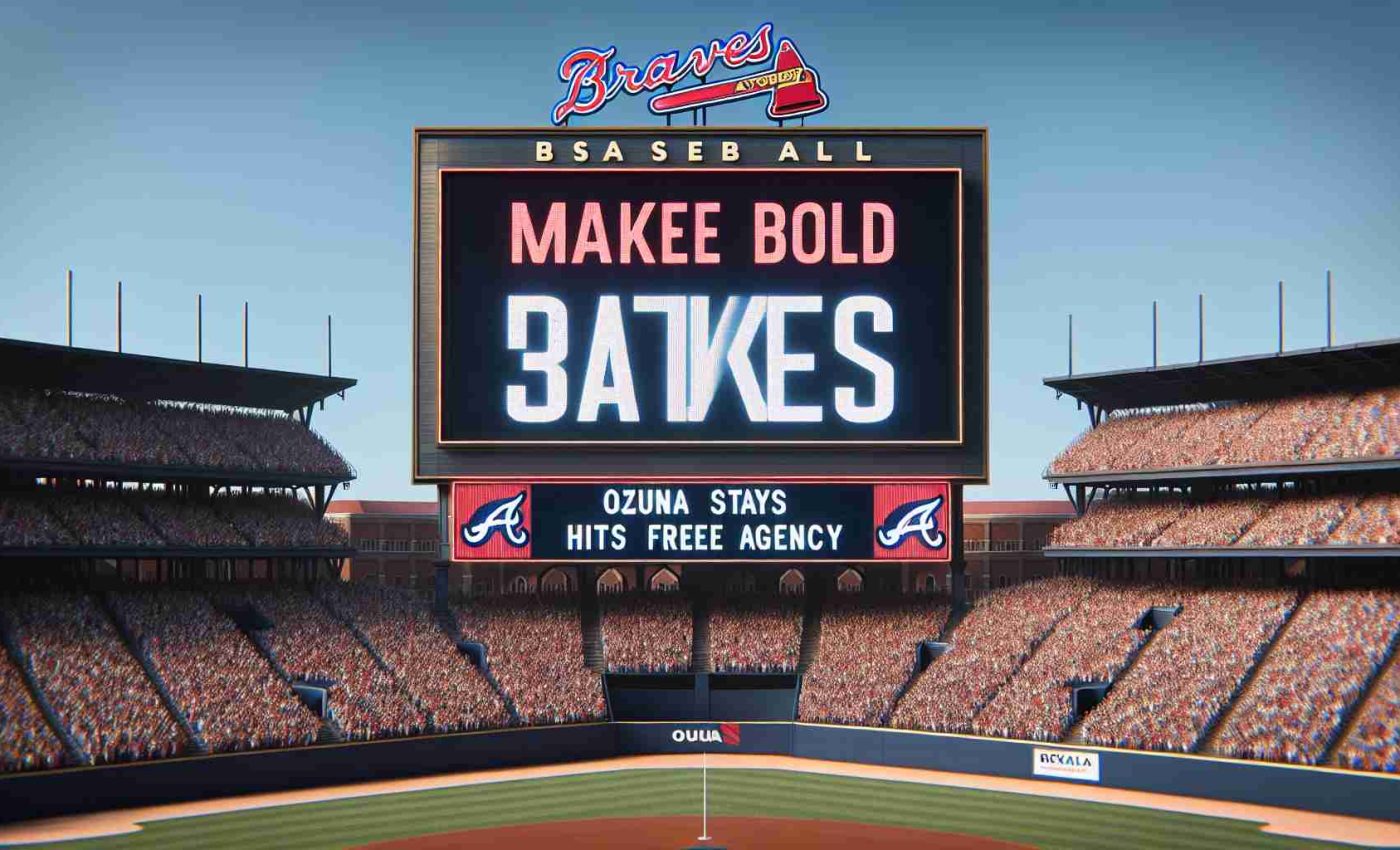 High definition, realistic image of a baseball scoreboard that reads 'Braves Make Bold Moves'. Below, the scoreboard displays 'Ozuna Stays', and another line that reads 'D'Arnaud Hits Free Agency'. The scoreboard is located in a classic baseball stadium filled with enthusiastic crowd, under a clear blue sky.