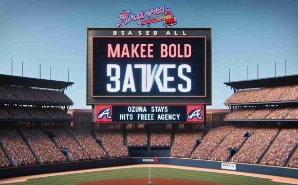 High definition, realistic image of a baseball scoreboard that reads 'Braves Make Bold Moves'. Below, the scoreboard displays 'Ozuna Stays', and another line that reads 'D'Arnaud Hits Free Agency'. The scoreboard is located in a classic baseball stadium filled with enthusiastic crowd, under a clear blue sky.