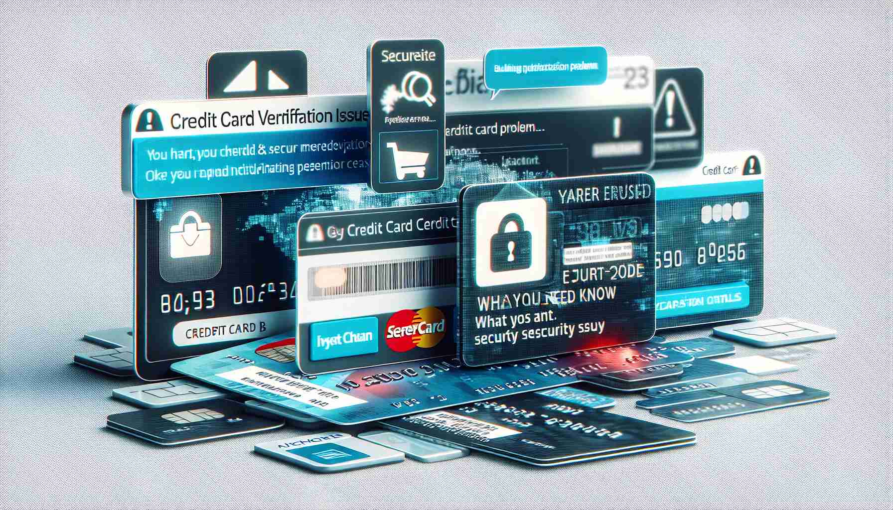 A high-definition, realistic depiction of various elements related to credit card verification issues. This could include an alert dialog box on a secure payment website indicating a verification problem, portions of a generic credit card blurred or obscured for security reasons, perhaps a troubling error code message. Overlay these with a transparent text layer that says 'What You Need to Know'. This should communicate the complexities and potential challenges of credit card security verification.