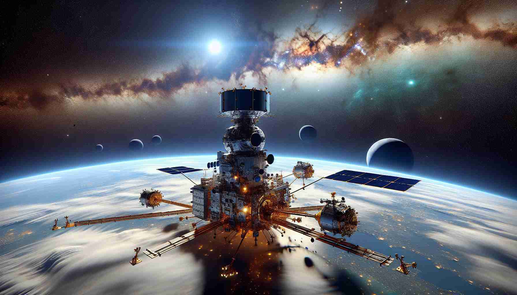 High definition, realistic depiction of India's monumental approach towards space exploration, specifically focusing on the initiative named Shukrayaan. The scenario should include a dynamic space scene with advanced spacecrafts vessel, with the massive expanse of the universe and distant celestial bodies in the background. The spacecraft should be beautifully designed, showcasing the pinnacle of technological advancement. Details such as solar panels, antennas, and propulsion systems should be clearly visible. The scene should encapsulate the excitement and anticipation of unexplored celestial terrain and the potential discoveries that lie beyond.