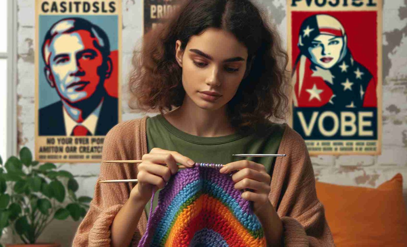 Realistic HD image of a young Caucasian woman with curly hair, focused on knitting a vibrant multicolour piece. In the background, political advocacy posters promote action and creativity, and underscore her passion for combining craft and cause. Please ensure no specific real-person likeness is present in the image.