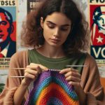 Realistic HD image of a young Caucasian woman with curly hair, focused on knitting a vibrant multicolour piece. In the background, political advocacy posters promote action and creativity, and underscore her passion for combining craft and cause. Please ensure no specific real-person likeness is present in the image.