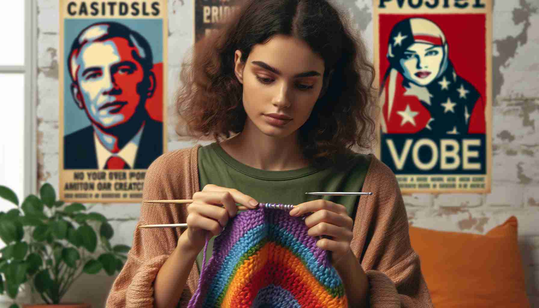 Realistic HD image of a young Caucasian woman with curly hair, focused on knitting a vibrant multicolour piece. In the background, political advocacy posters promote action and creativity, and underscore her passion for combining craft and cause. Please ensure no specific real-person likeness is present in the image.