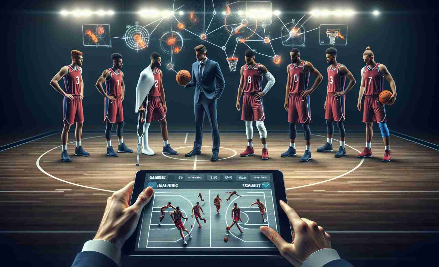 An HD photorealistic depiction of an insightful analysis of injuries metaphorically affecting a basketball team's lineup tonight, embodied as prominent basketball players looking physically affected (e.g. with bandages, crutches, or braces). The scene is set on a well-lit basketball court with the focus on the players' expressions. Further, include some game strategies and stats depicted as diagrams or charts hovering above a digital device held by the coach, symbolising the impact of the injuries on the team's performance. No specific team or player identities should be discernible.