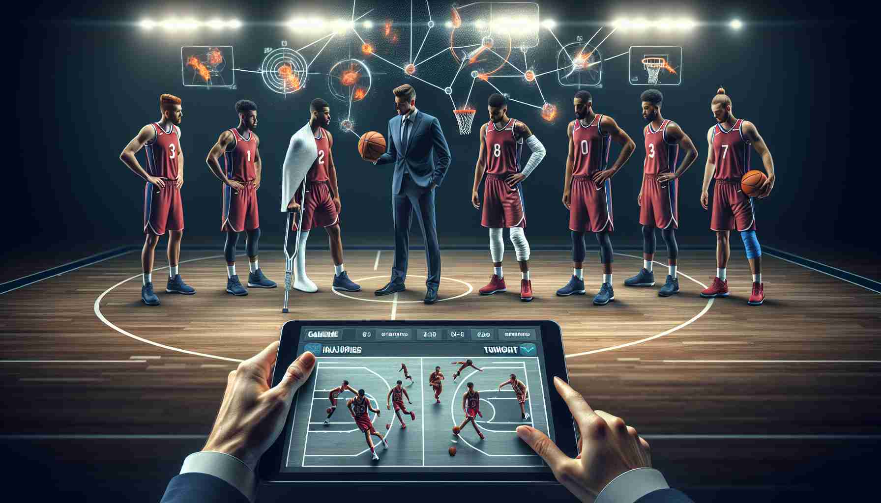 An HD photorealistic depiction of an insightful analysis of injuries metaphorically affecting a basketball team's lineup tonight, embodied as prominent basketball players looking physically affected (e.g. with bandages, crutches, or braces). The scene is set on a well-lit basketball court with the focus on the players' expressions. Further, include some game strategies and stats depicted as diagrams or charts hovering above a digital device held by the coach, symbolising the impact of the injuries on the team's performance. No specific team or player identities should be discernible.