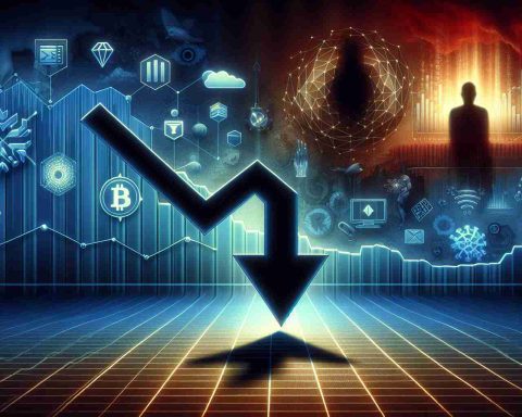 An ultra high-definition illustration depicting the conceptual representation of an unexpected decline of a major technology company symbolized by a plunging arrow. In the background, there's an imminent shadow of emerging technology symbolized by icons such as AI, blockchain, and quantum computing. The overall atmosphere of the image is of suspense and upheaval in the tech world.