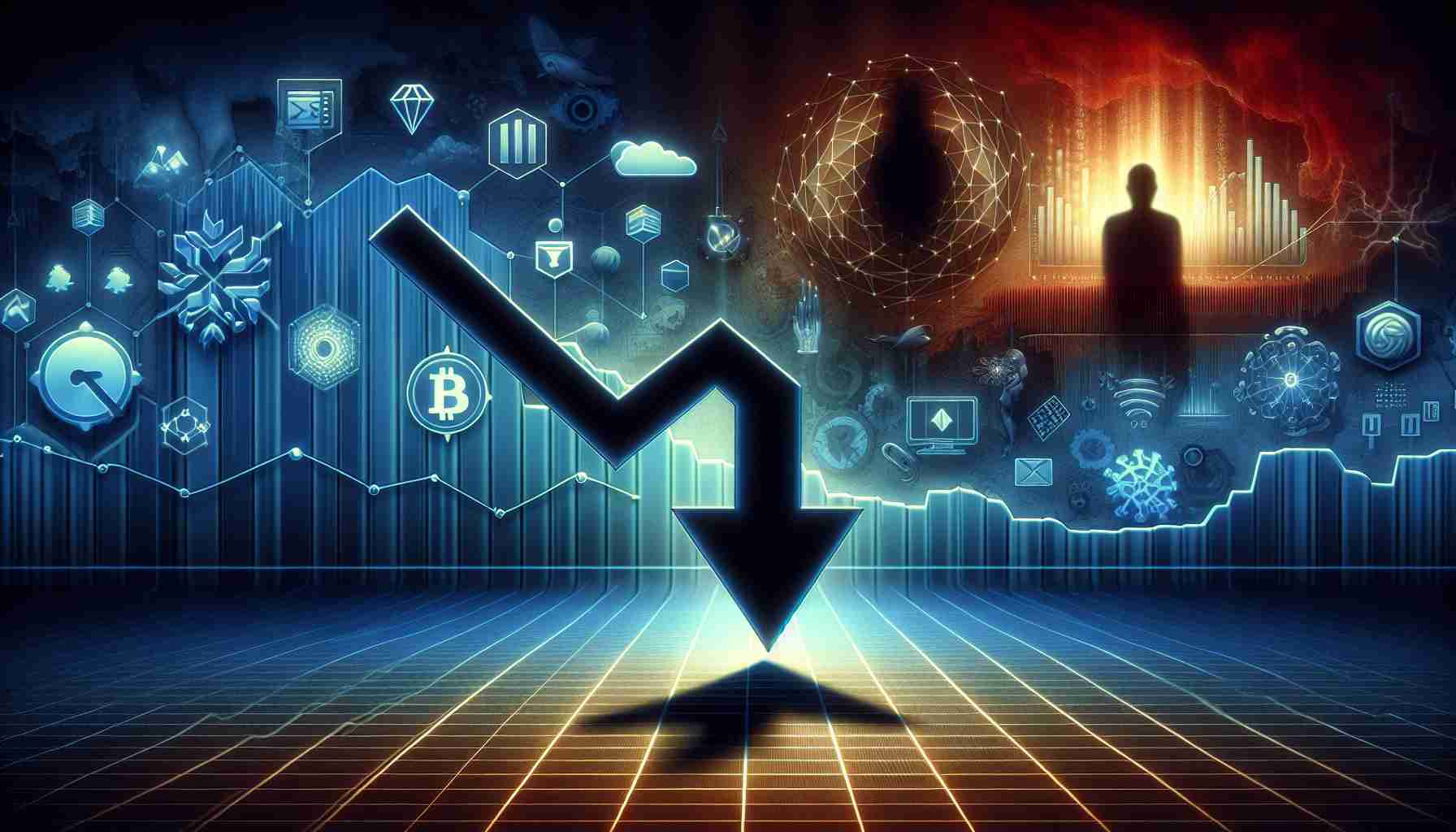 An ultra high-definition illustration depicting the conceptual representation of an unexpected decline of a major technology company symbolized by a plunging arrow. In the background, there's an imminent shadow of emerging technology symbolized by icons such as AI, blockchain, and quantum computing. The overall atmosphere of the image is of suspense and upheaval in the tech world.