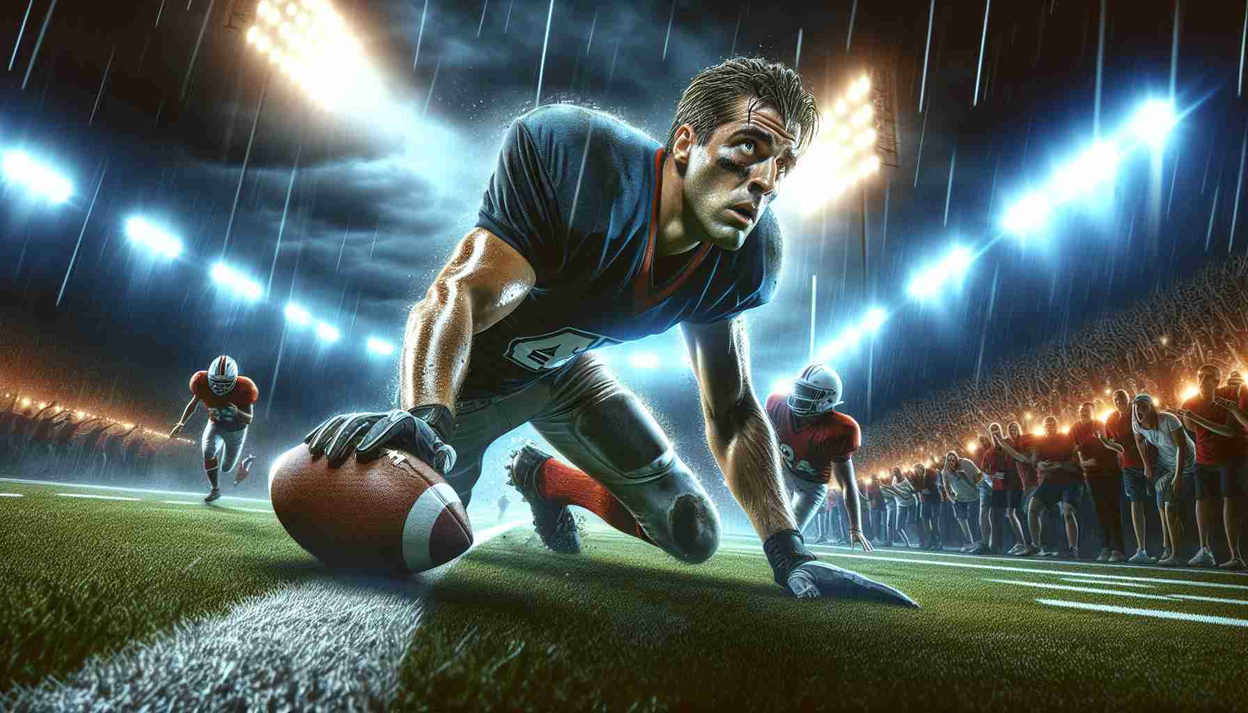 A high-definition, realistic image showcasing an intense moment on a football field, where a player is tackling the consequences of a critical play. The field is intensely lit under the night sky, with an anxious crowd around it. Sweat shines on the player's face showing signs of struggle, determination, and resilience. The opposition player appears puzzled and unexpectedly caught in the situation. The background is dynamically blurred, focusing on the action between the players.