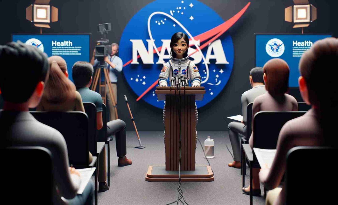 High-definition realistic image depicting a scene where a South-Asian female astronaut is addressing health concerns. She is standing in a typical NASA press conference setting, with the NASA logo in the background, while she is speaking from a podium that has microphones set up on it. Around her, she is surrounded by journalists who are taking notes and cameramen documenting the event.