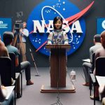 High-definition realistic image depicting a scene where a South-Asian female astronaut is addressing health concerns. She is standing in a typical NASA press conference setting, with the NASA logo in the background, while she is speaking from a podium that has microphones set up on it. Around her, she is surrounded by journalists who are taking notes and cameramen documenting the event.