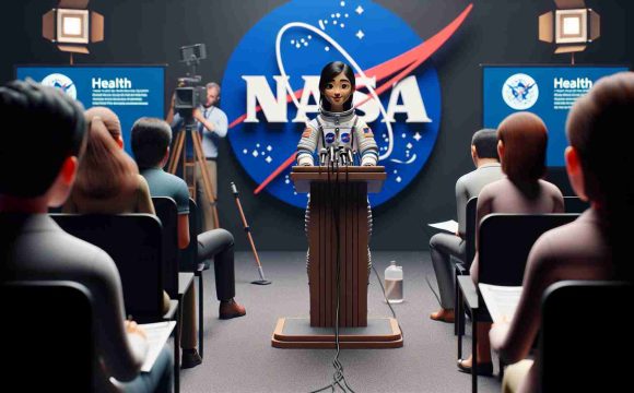 High-definition realistic image depicting a scene where a South-Asian female astronaut is addressing health concerns. She is standing in a typical NASA press conference setting, with the NASA logo in the background, while she is speaking from a podium that has microphones set up on it. Around her, she is surrounded by journalists who are taking notes and cameramen documenting the event.