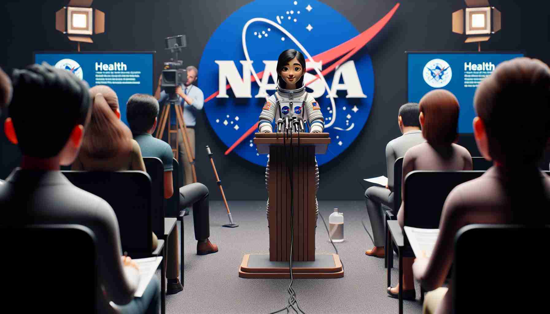 High-definition realistic image depicting a scene where a South-Asian female astronaut is addressing health concerns. She is standing in a typical NASA press conference setting, with the NASA logo in the background, while she is speaking from a podium that has microphones set up on it. Around her, she is surrounded by journalists who are taking notes and cameramen documenting the event.