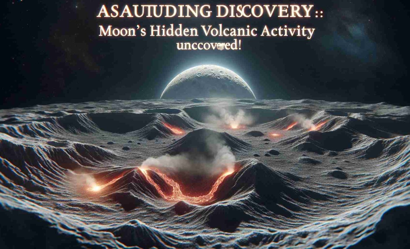 Generate a realistic, high-definition image representing the astoundingly uncovered discovery of hidden volcanic activity on the Moon. The scene should depict the moon's surface, highlighting features that could suggest volcanic activity, like small lava flows, steam, or smoky craters. The title 'Astounding Discovery: Moon’s Hidden Volcanic Activity Uncovered!' should be elegantly inscribed on the visual.