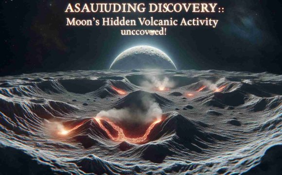 Generate a realistic, high-definition image representing the astoundingly uncovered discovery of hidden volcanic activity on the Moon. The scene should depict the moon's surface, highlighting features that could suggest volcanic activity, like small lava flows, steam, or smoky craters. The title 'Astounding Discovery: Moon’s Hidden Volcanic Activity Uncovered!' should be elegantly inscribed on the visual.