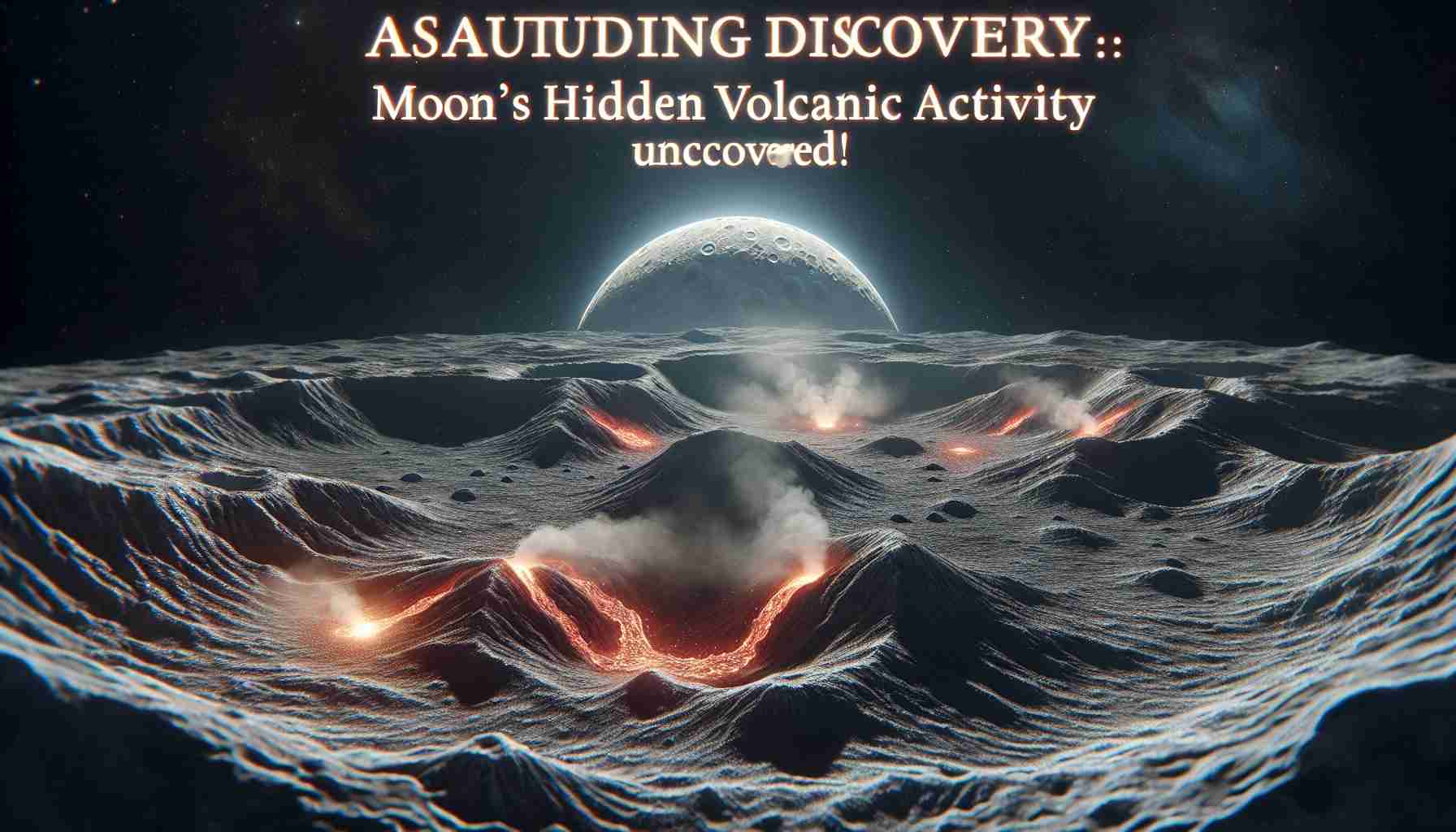 Generate a realistic, high-definition image representing the astoundingly uncovered discovery of hidden volcanic activity on the Moon. The scene should depict the moon's surface, highlighting features that could suggest volcanic activity, like small lava flows, steam, or smoky craters. The title 'Astounding Discovery: Moon’s Hidden Volcanic Activity Uncovered!' should be elegantly inscribed on the visual.