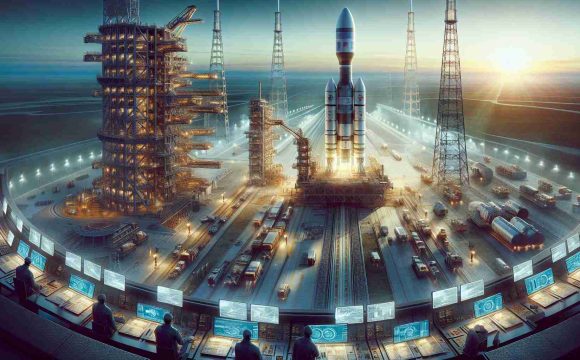 A high-definition, realistic illustration of a monumental moment in space exploration, where two organizations known for their space research and technology are collaborating. Specifically, depict a ground-breaking rocket launch event, with distinctively designed rocket technology, readying to soar into the vast expanse of space. The scene is set at a launch site bustling with activity, with engineers monitoring complex systems and mission control rooms buzzing with excitement. The sky is a blend of azure and orange, suggesting the onset of dawn.