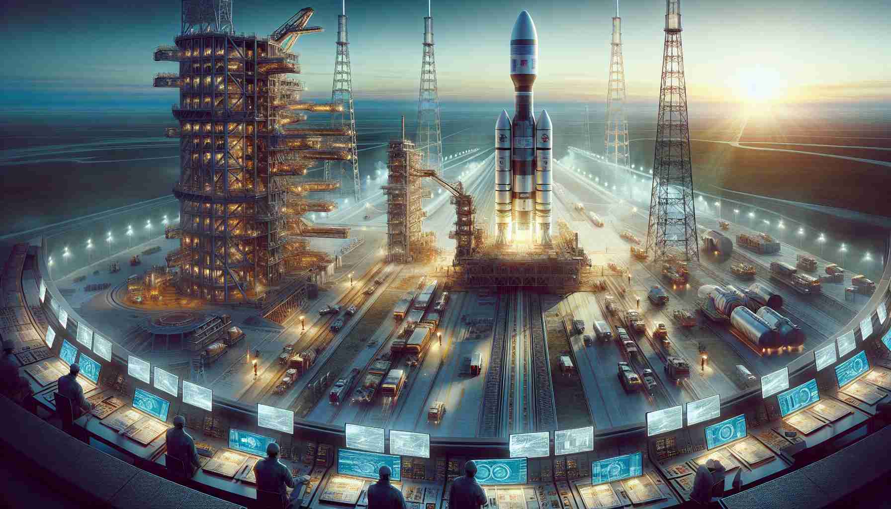 A high-definition, realistic illustration of a monumental moment in space exploration, where two organizations known for their space research and technology are collaborating. Specifically, depict a ground-breaking rocket launch event, with distinctively designed rocket technology, readying to soar into the vast expanse of space. The scene is set at a launch site bustling with activity, with engineers monitoring complex systems and mission control rooms buzzing with excitement. The sky is a blend of azure and orange, suggesting the onset of dawn.