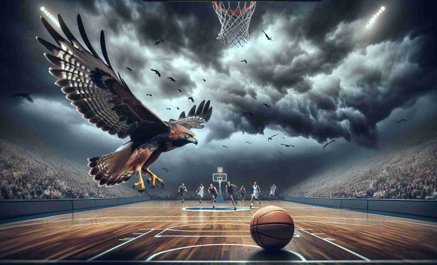 Realistic high-definition image representing the challenges a basketball team, symbolized by hawks, is facing without their established backup point guard. The scene might depict an actual basketball game where the team struggles due to the absence of a key player. Powerful metaphors might be put in place to represent this situation, such as a lone hawk flying against the stormy sky.