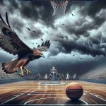 Realistic high-definition image representing the challenges a basketball team, symbolized by hawks, is facing without their established backup point guard. The scene might depict an actual basketball game where the team struggles due to the absence of a key player. Powerful metaphors might be put in place to represent this situation, such as a lone hawk flying against the stormy sky.