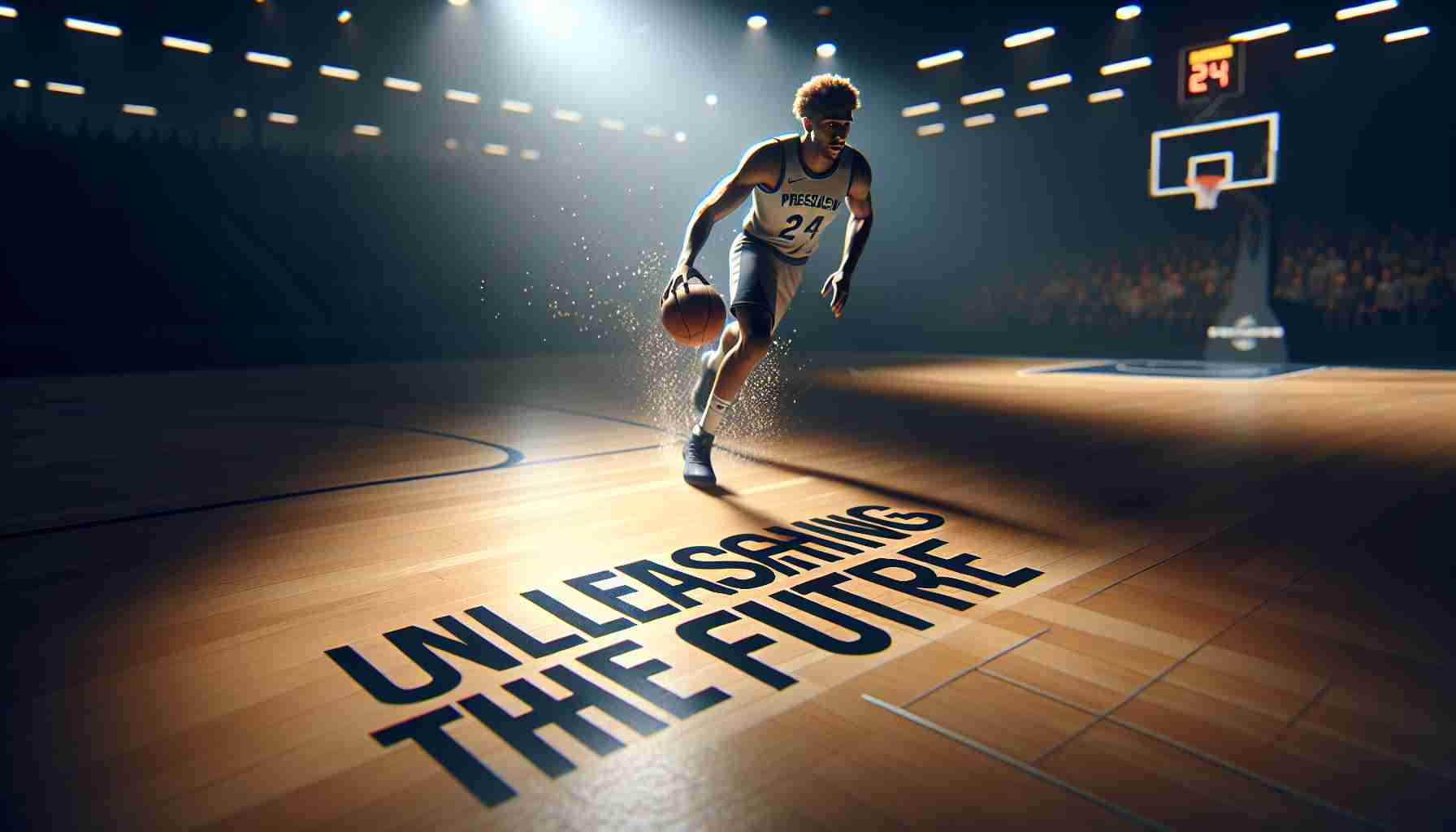 A realistic high definition image capturing a poignant moment in a preseason basketball game. The focus is on a player, shining due to their exceptional performance, as they navigate the court with skill and finesse, fully absorbed in the action. The phrase 'Unleashing the Future' is emblazoned on the court as if to signify the rise of this new talent in the world of basketball.