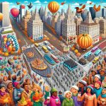 Detailed, high-definition image of a comprehensive guide about observing the spectacular Thanksgiving Day Parade. The image should illustrate striking scenes of the parade, with floats, giant balloons, marching bands and excited onlookers of varied genders and descents such as Hispanic, Caucasian, Black, Middle-Eastern, and South Asian. Be sure to include useful tips, like the best viewing spots and what to bring, along with illustrations of families and friends celebrating the holiday together in the spirit of Thanksgiving.