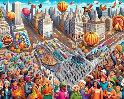 Detailed, high-definition image of a comprehensive guide about observing the spectacular Thanksgiving Day Parade. The image should illustrate striking scenes of the parade, with floats, giant balloons, marching bands and excited onlookers of varied genders and descents such as Hispanic, Caucasian, Black, Middle-Eastern, and South Asian. Be sure to include useful tips, like the best viewing spots and what to bring, along with illustrations of families and friends celebrating the holiday together in the spirit of Thanksgiving.