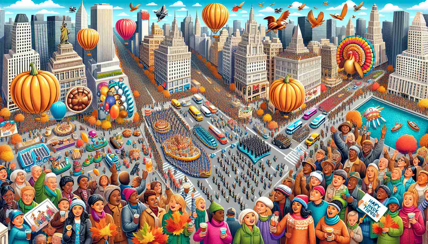 Detailed, high-definition image of a comprehensive guide about observing the spectacular Thanksgiving Day Parade. The image should illustrate striking scenes of the parade, with floats, giant balloons, marching bands and excited onlookers of varied genders and descents such as Hispanic, Caucasian, Black, Middle-Eastern, and South Asian. Be sure to include useful tips, like the best viewing spots and what to bring, along with illustrations of families and friends celebrating the holiday together in the spirit of Thanksgiving.