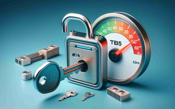 Generate a realistic, high-definition image depicting the concept of 'The Secret to Unlocking Maximum Speed with External TB5 Drives'. This might feature a visual metaphor such as a key fitting into a lock shaped like an external hard drive with TB5 written on it, showing a speedometer indicating maximum speed in the background.