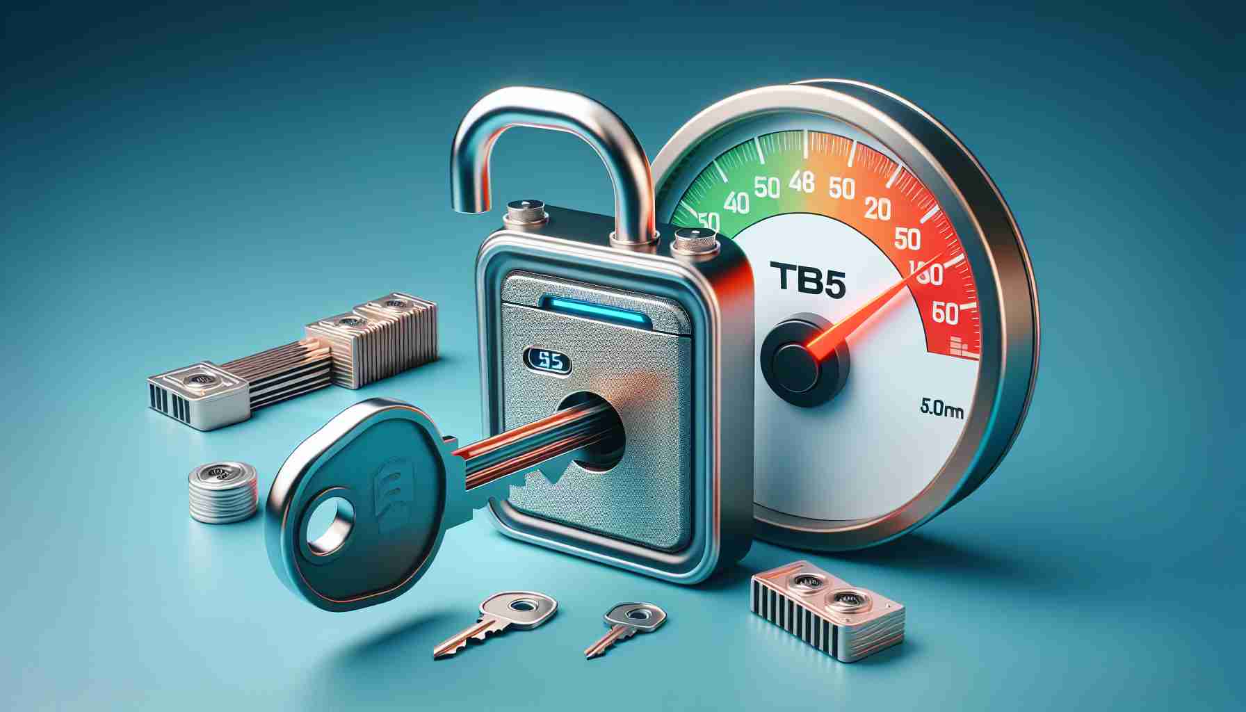 Generate a realistic, high-definition image depicting the concept of 'The Secret to Unlocking Maximum Speed with External TB5 Drives'. This might feature a visual metaphor such as a key fitting into a lock shaped like an external hard drive with TB5 written on it, showing a speedometer indicating maximum speed in the background.