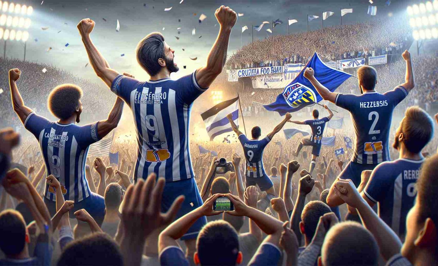 Realistic high-definition illustration depicting a historic victory scene: Cruzeiro football club securing a berth in the final of the Copa Sudamericana. The image should include cheering players with various descents such as Caucasian, Black, Hispanic, Middle-Eastern, South Asian, each joyously celebrating this significant achievement. Also, depict the ecstatic crowd in the background, filled with fans holding flags, banners, and cheering; capturing the emotion and excitement. Please concentrate on the overall atmosphere of victory and jubilation but avoid displaying any specific or real individual's face.