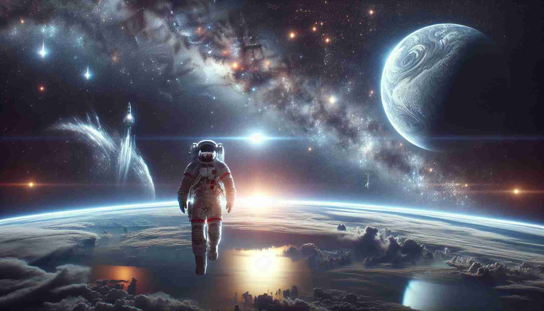 Generate a realistic, high definition image depicting an awe-inspiring scene of a close encounter with space. The setting should be the Earth's upper atmosphere, with a selection of celestials bodies including distant stars, splashes of galaxies and the silver glow of a crescent moon. Include an astronaut conducting a space walk with a magnificent view of the cosmos unfolding before their eyes. Please ensure the astronaut is of South Asian descent and male, reflecting the natural light with their highly reflective space suit. This visual narrative should invoke the sense of wonder that encapsulates the essence of space exploration.