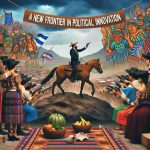 Create a high-definition, realistic image representing the concept of 'a new frontier in political innovation'. Capture an unexpected paradigm shift, using symbolic imagery that can be associated with El Salvador. Show a scene that involves an opening frontier, with elements of Salvadoran culture, perhaps with traditional costumes, indigenous iconography, or local architecture in the background.