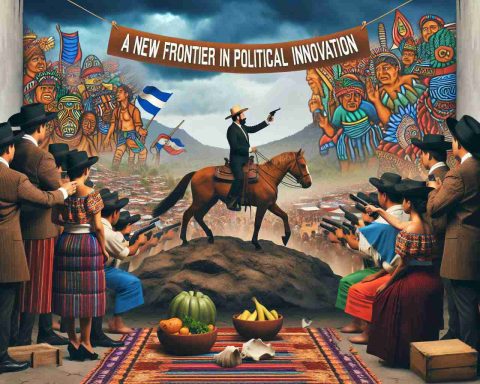 Create a high-definition, realistic image representing the concept of 'a new frontier in political innovation'. Capture an unexpected paradigm shift, using symbolic imagery that can be associated with El Salvador. Show a scene that involves an opening frontier, with elements of Salvadoran culture, perhaps with traditional costumes, indigenous iconography, or local architecture in the background.