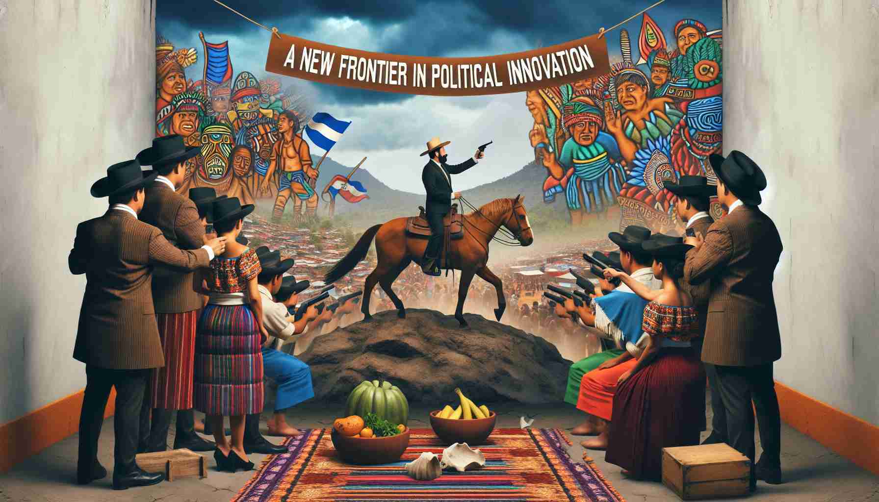 Create a high-definition, realistic image representing the concept of 'a new frontier in political innovation'. Capture an unexpected paradigm shift, using symbolic imagery that can be associated with El Salvador. Show a scene that involves an opening frontier, with elements of Salvadoran culture, perhaps with traditional costumes, indigenous iconography, or local architecture in the background.