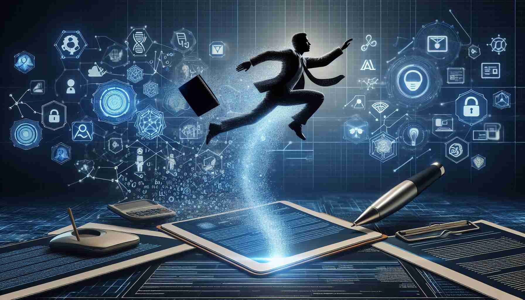 Create a high-definition, realistic image representing the concept of leaping into artificial intelligence as a transformative factor for the insurance industry. Illustrate this through symbols such as a person, ideally of South Asian descent, metaphorically jumping from a traditional insurance document into a futuristic, digital world filled with AI components and symbols. Include elements such as algorithms, data streams, and technological devices to capture this transition. Avoid logos or identifiable trademarks.