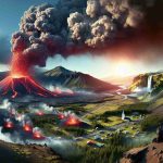 A high-definition illustration portraying a realistic scene where Iceland's active volcano is erupting, spewing red-hot lava towards a popular tourist location. The image should capture the unique geographical features of Iceland, including the dramatic volcanic landscape with smoke and ash billowing into the sky. Include a view of the nearby tourist hotspot and small silhouettes of awestruck tourists observing the spectacle from a safe distance.