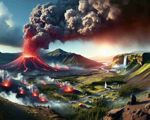 A high-definition illustration portraying a realistic scene where Iceland's active volcano is erupting, spewing red-hot lava towards a popular tourist location. The image should capture the unique geographical features of Iceland, including the dramatic volcanic landscape with smoke and ash billowing into the sky. Include a view of the nearby tourist hotspot and small silhouettes of awestruck tourists observing the spectacle from a safe distance.